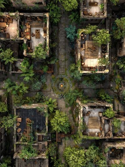 Overgrown Courtyard Ruins Illustration Poster. poster print