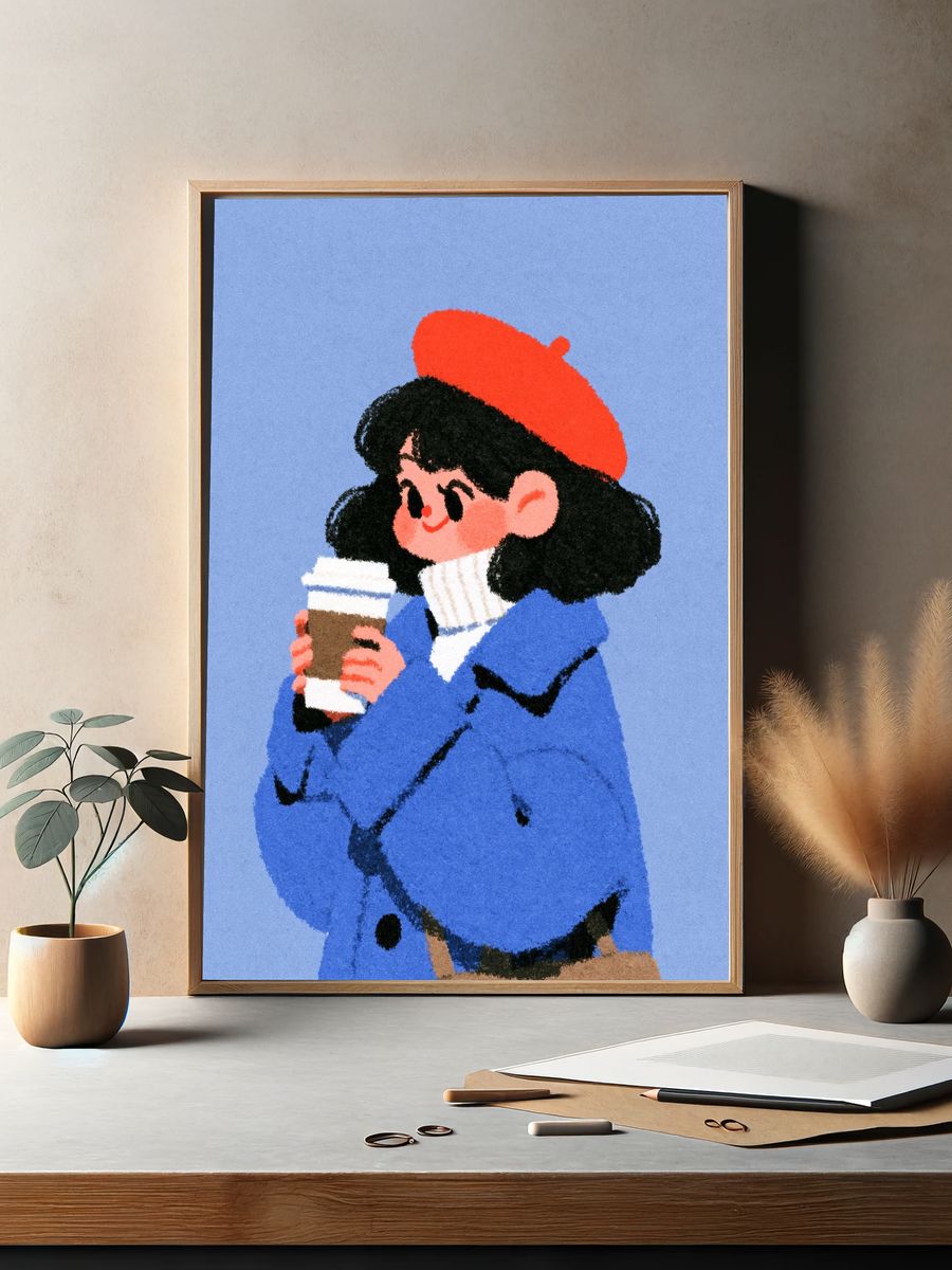 Girl with Coffee Illustration Poster. — room view 2