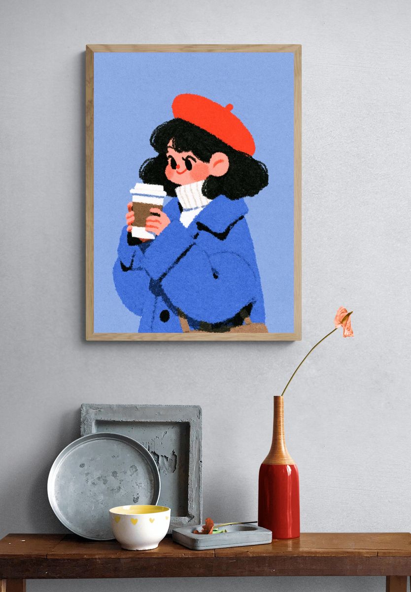 Girl with Coffee Illustration Poster. — room view 3