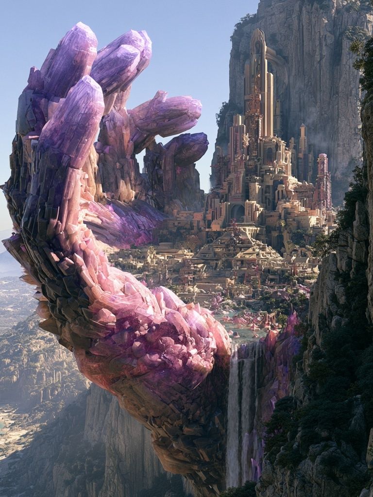 Crystal Cliff Cityscape Fantasy Print. poster — illustration art