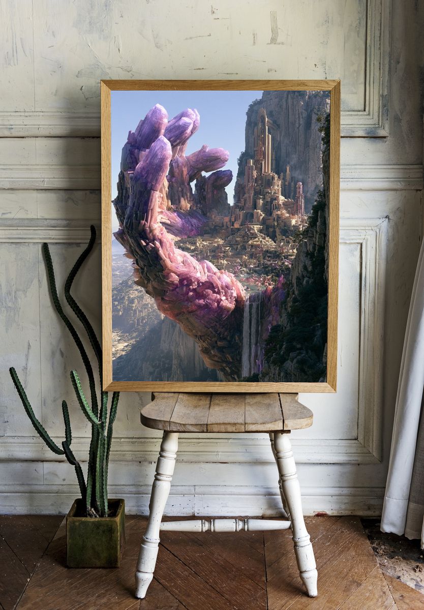 Crystal Cliff Cityscape Fantasy Print. — room view 1