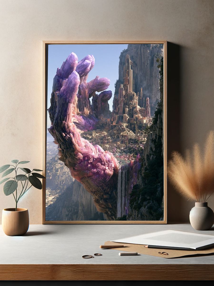 Crystal Cliff Cityscape Fantasy Print. — room view 2