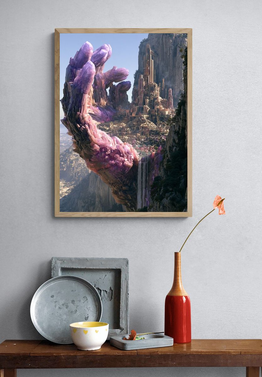 Crystal Cliff Cityscape Fantasy Print. — room view 3