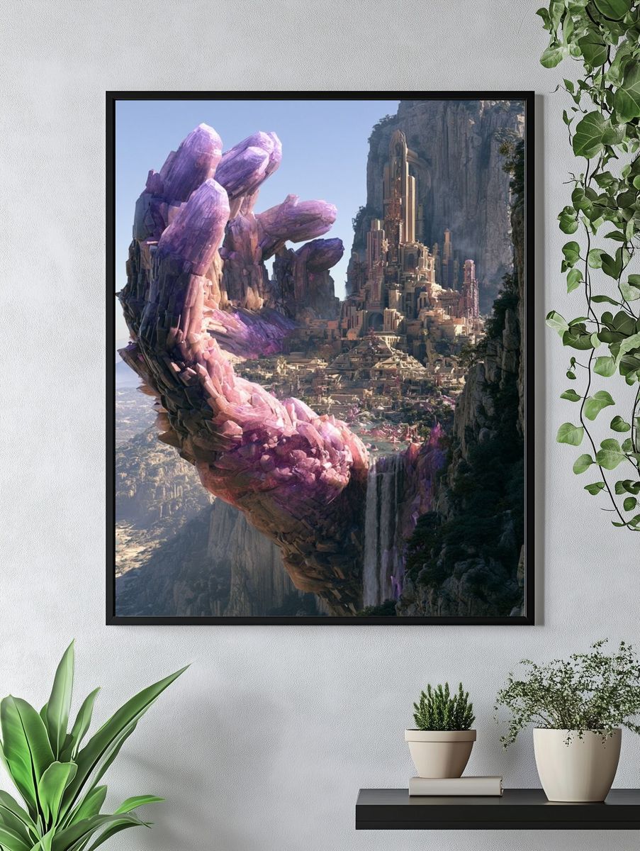 Crystal Cliff Cityscape Fantasy Print. — room view 4