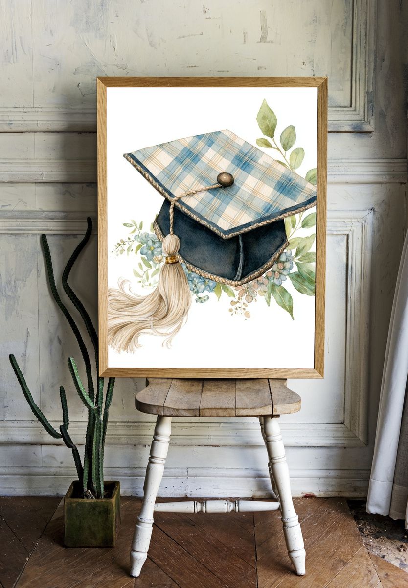 Graduation Cap Watercolor Print. — room view 1