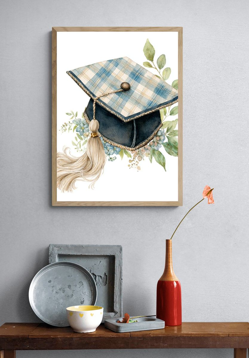 Graduation Cap Watercolor Print. — room view 3