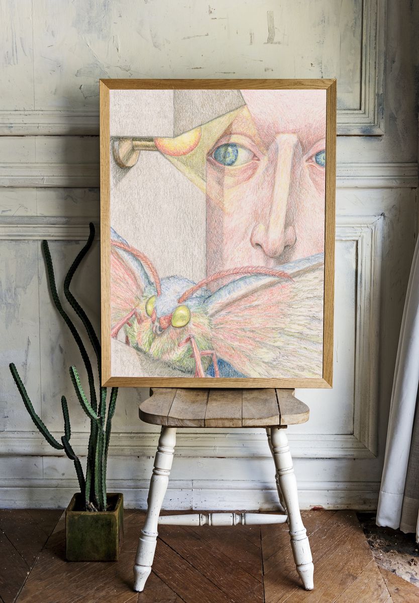 Surreal Face and Moth Illustration Poster. room preview