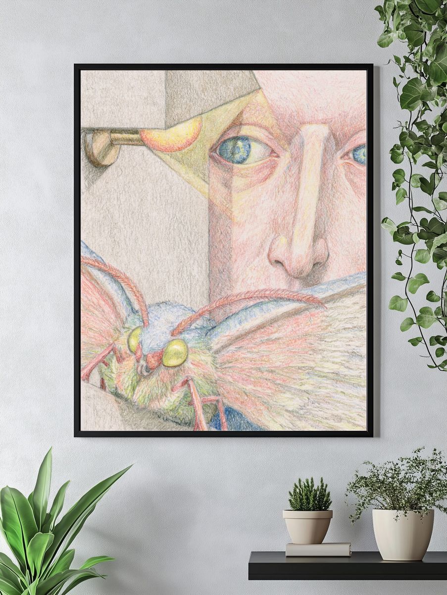 Surreal Face and Moth Illustration Poster. — room view 4