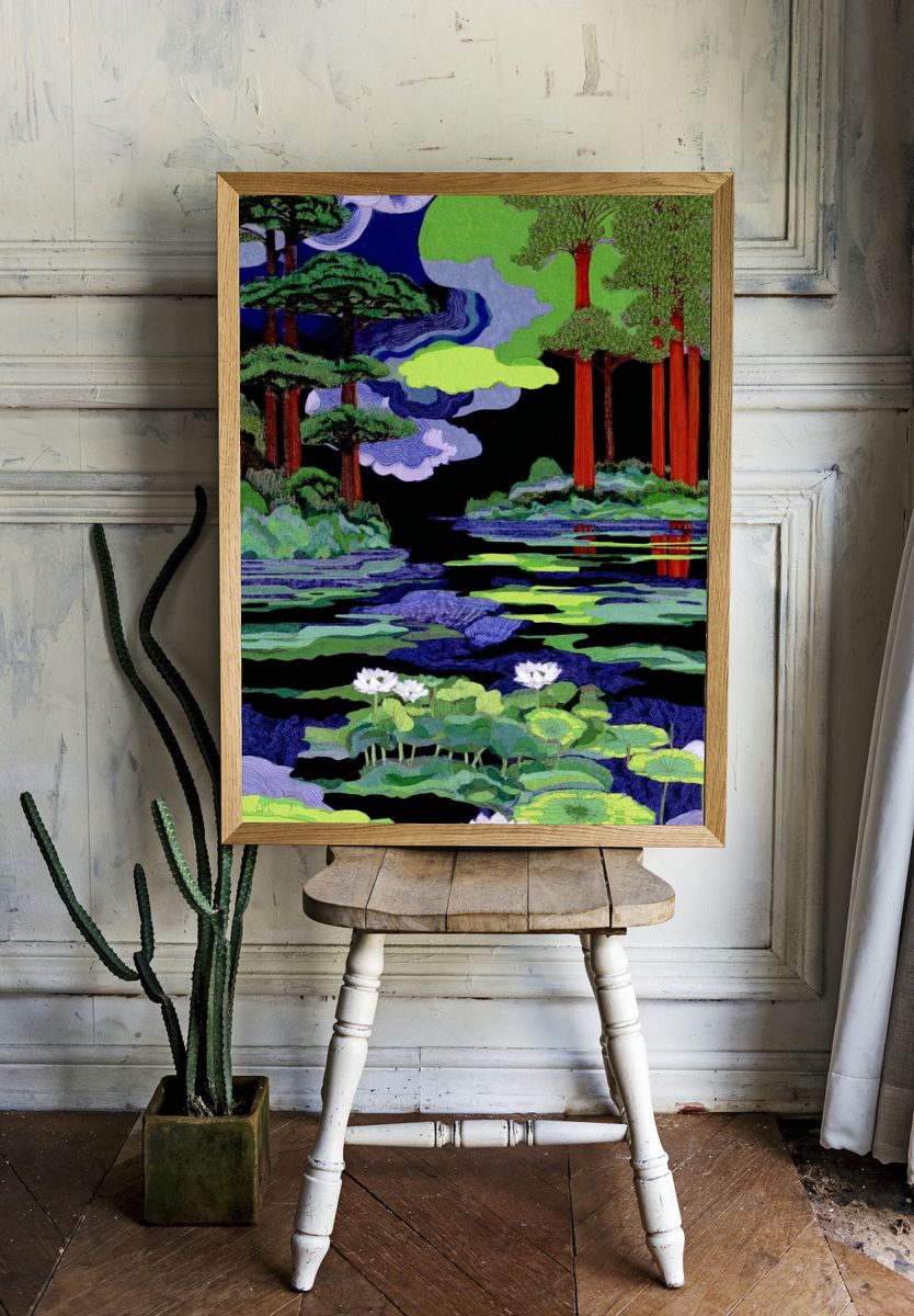 Lotus Pond Forest Illustration Poster. room preview