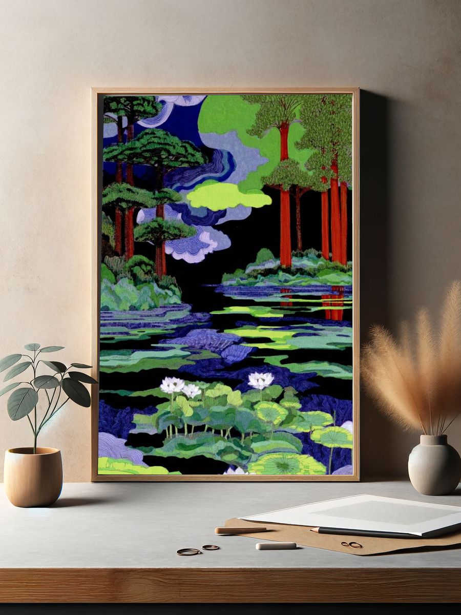 Lotus Pond Forest Illustration Poster. — room view 2