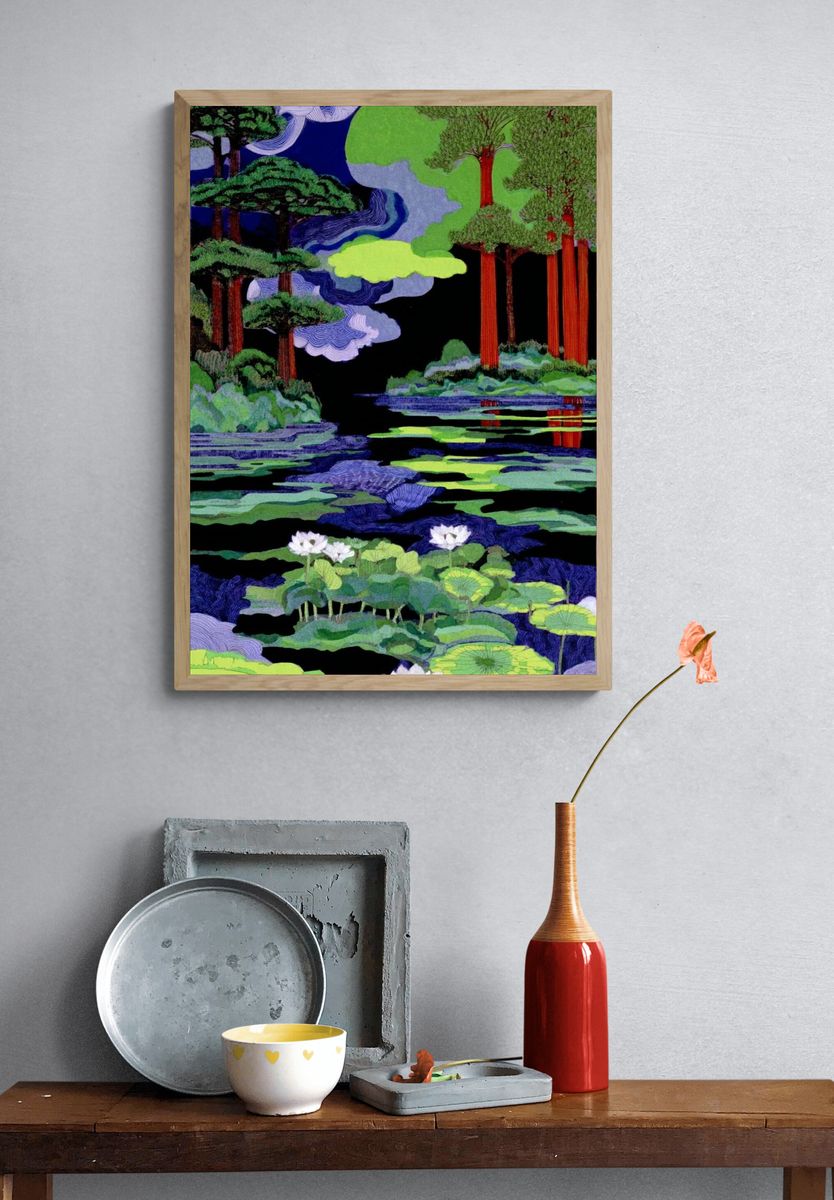 Lotus Pond Forest Illustration Poster. — room view 3