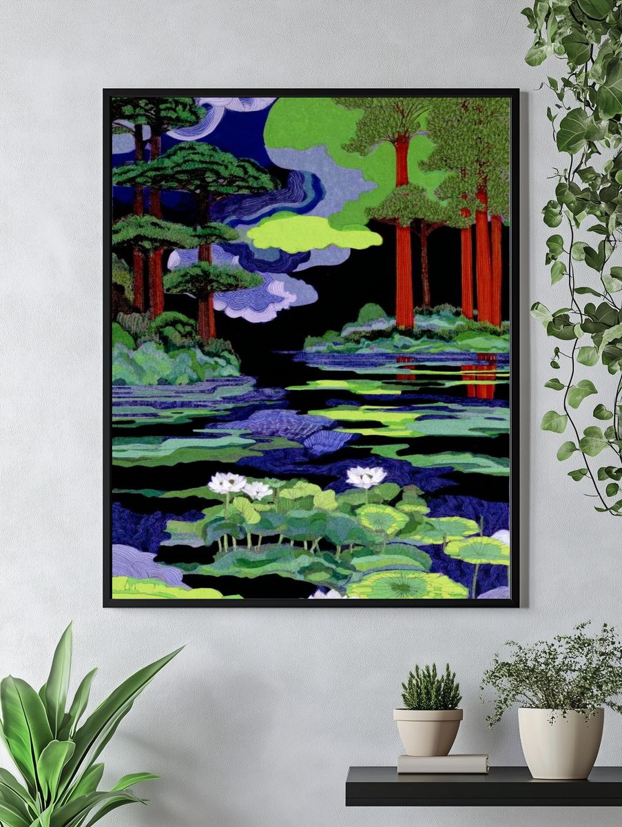 Lotus Pond Forest Illustration Poster. — room view 4