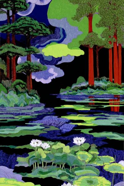 Lotus Pond Forest Illustration Poster. poster