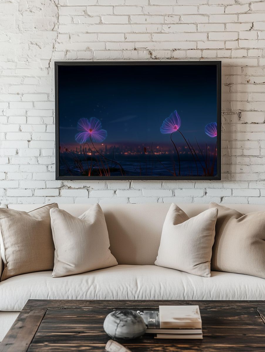 Neon Lotus Bloom Illustration Poster. — room view 1