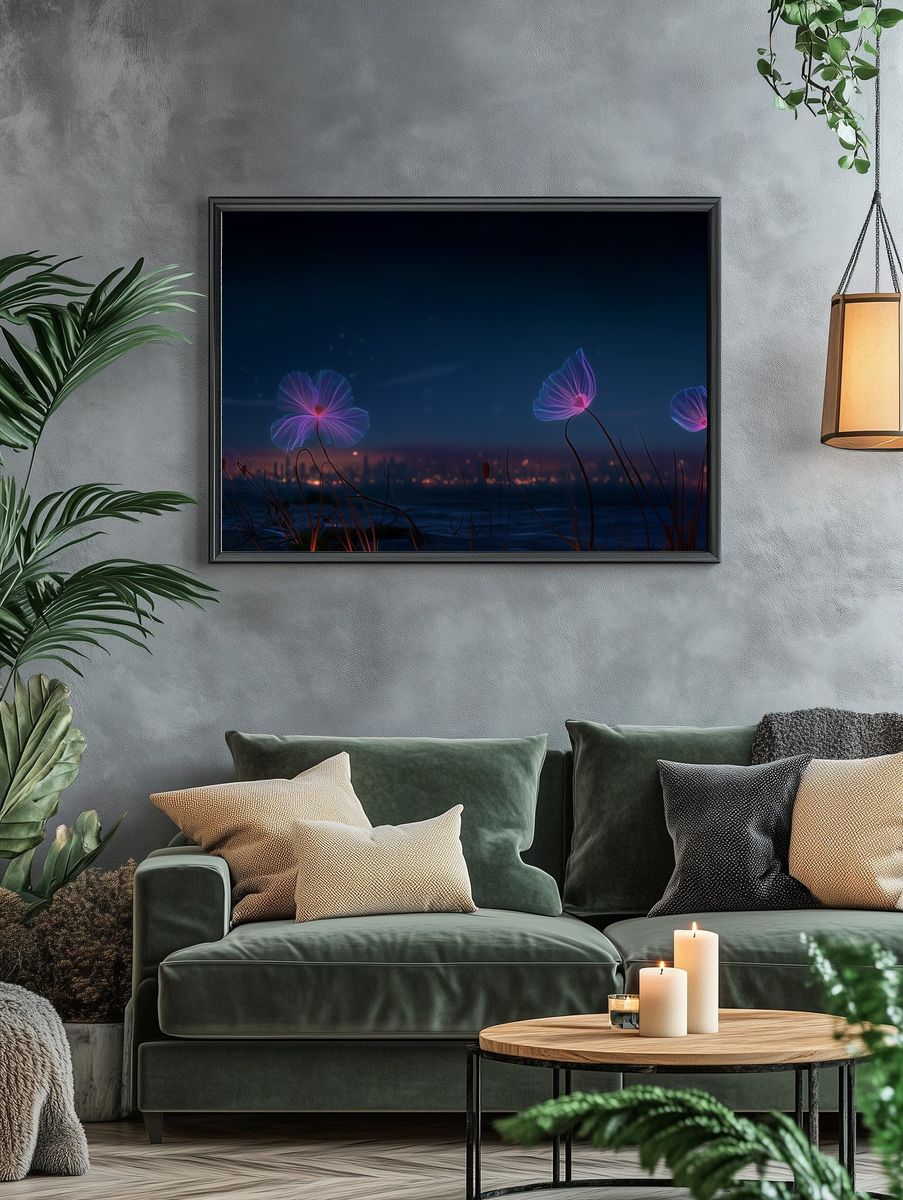 Neon Lotus Bloom Illustration Poster. — room view 4