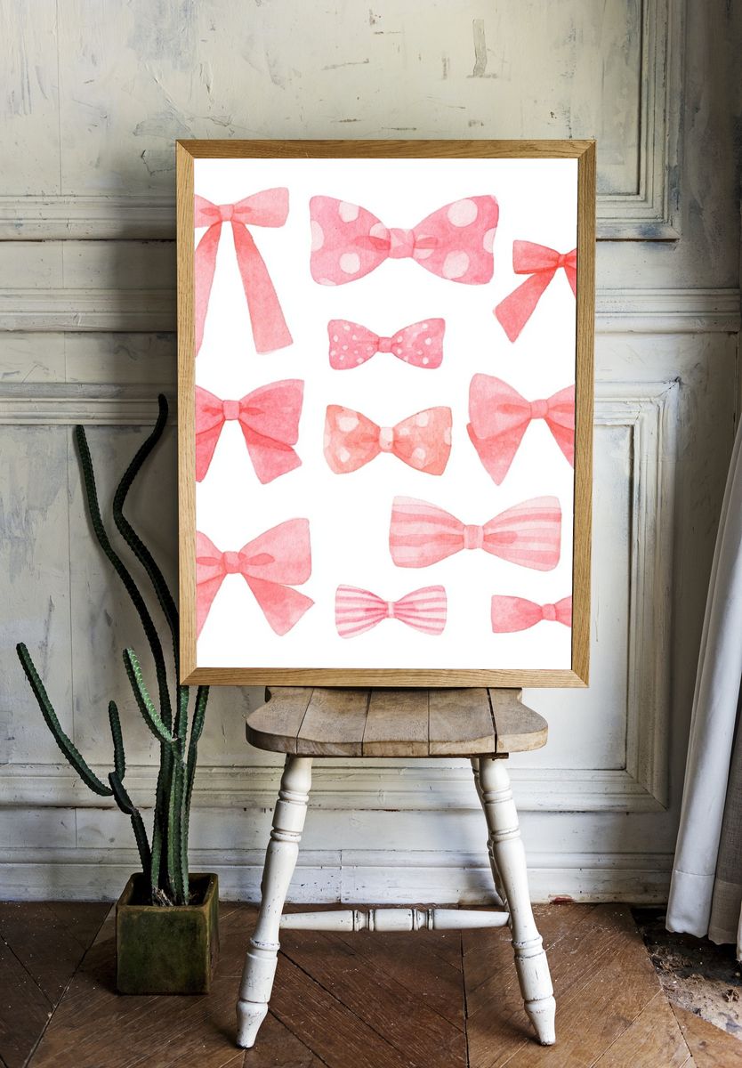 Pink Watercolor Bows Print. room preview