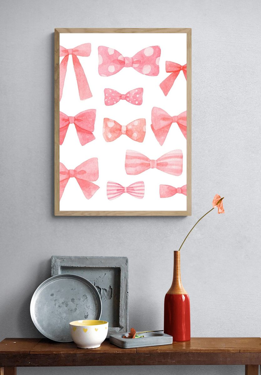 Pink Watercolor Bows Print. — room view 3