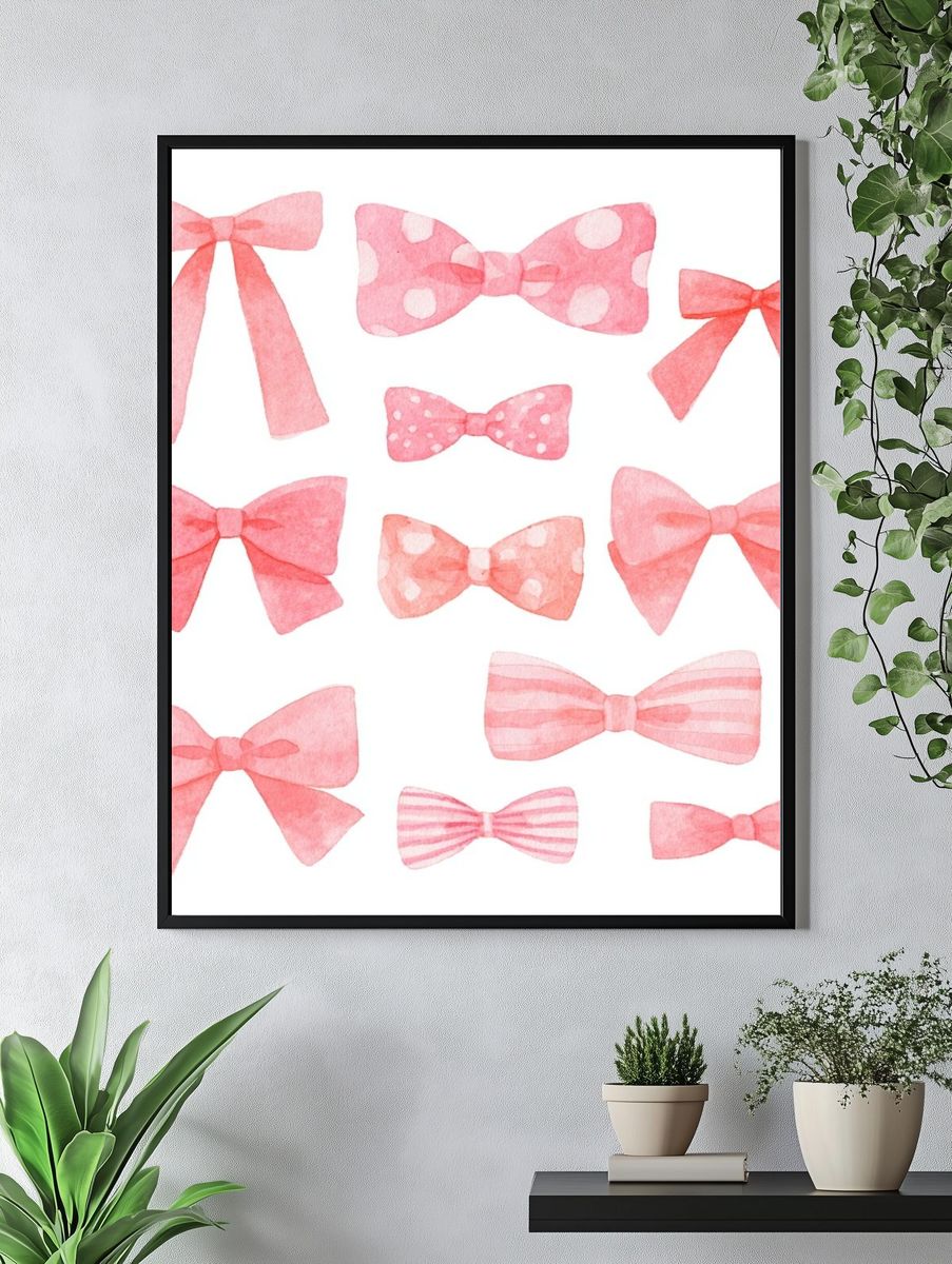 Pink Watercolor Bows Print. — room view 4