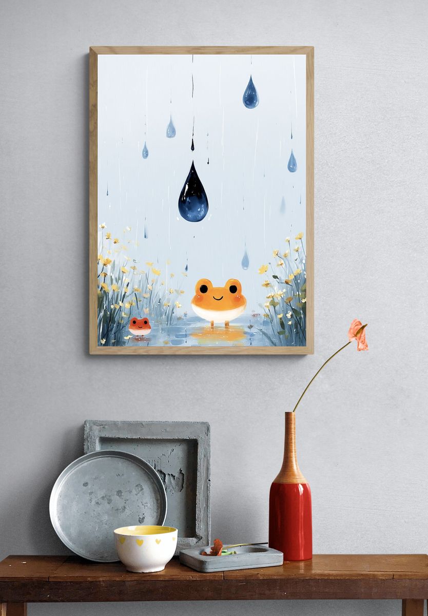 Rainy Frog Meadow Illustration Poster. — room view 3