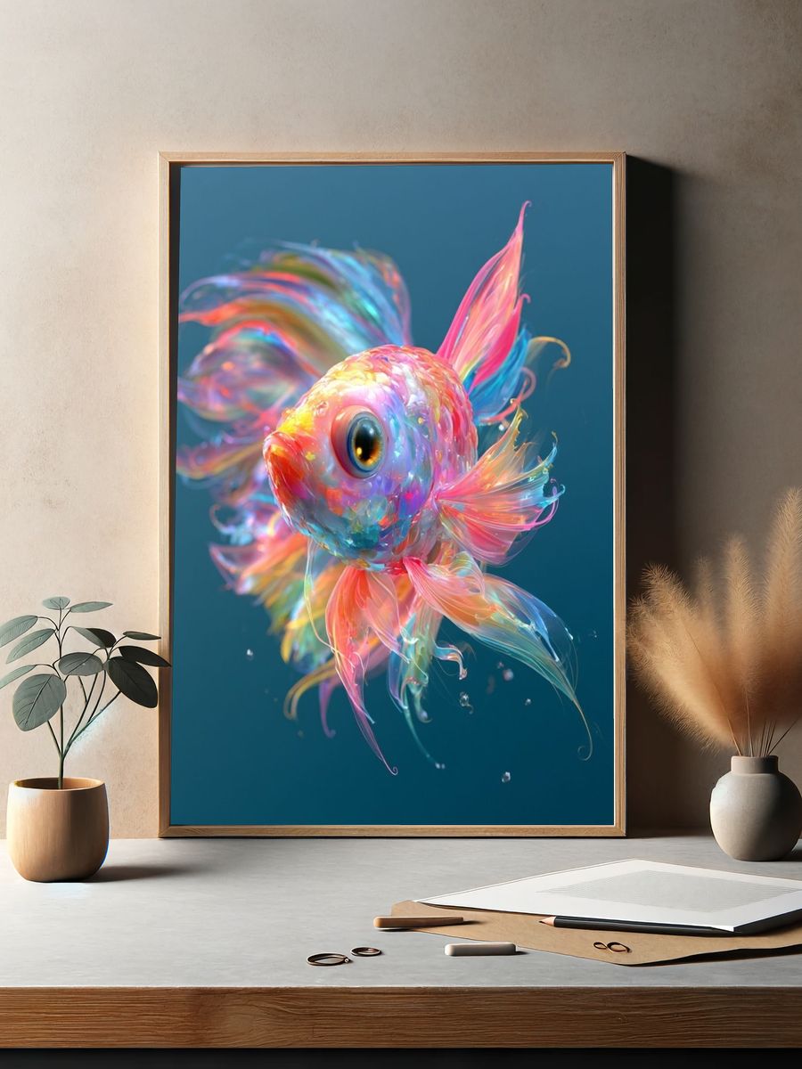 Rainbow Goldfish Illustration Poster. — room view 2