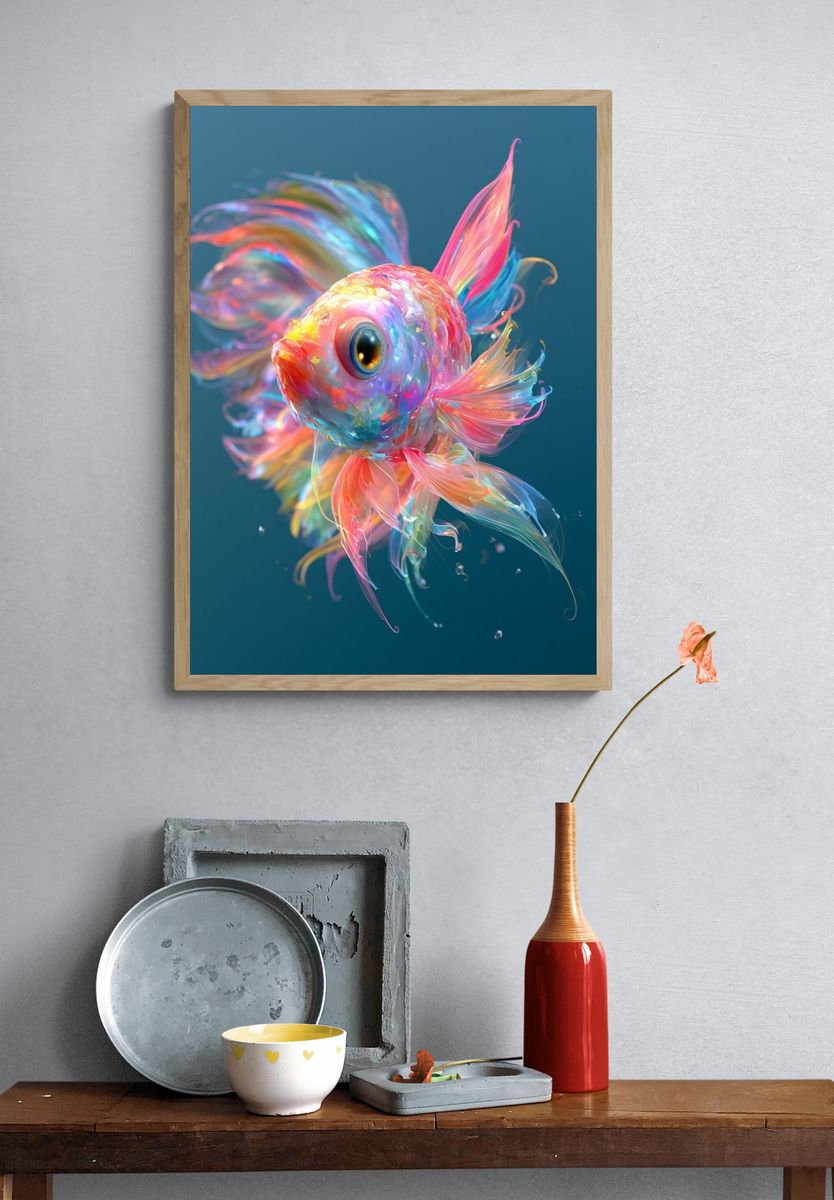 Rainbow Goldfish Illustration Poster. — room view 3