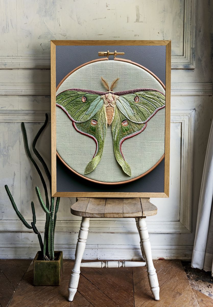 Luna Moth Embroidery Illustration Poster. — room view 1