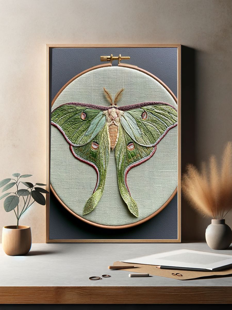 Luna Moth Embroidery Illustration Poster. — room view 2