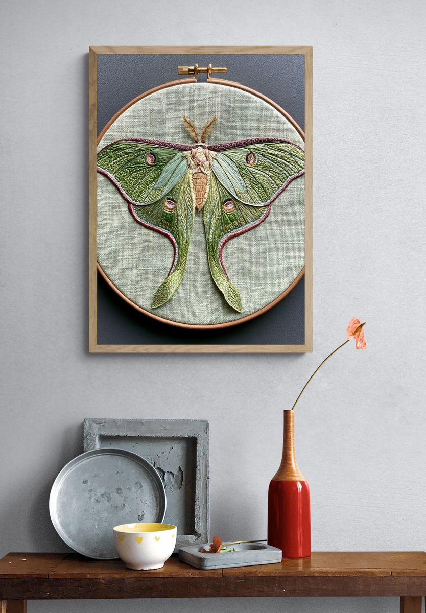 Luna Moth Embroidery Illustration Poster. — room view 3