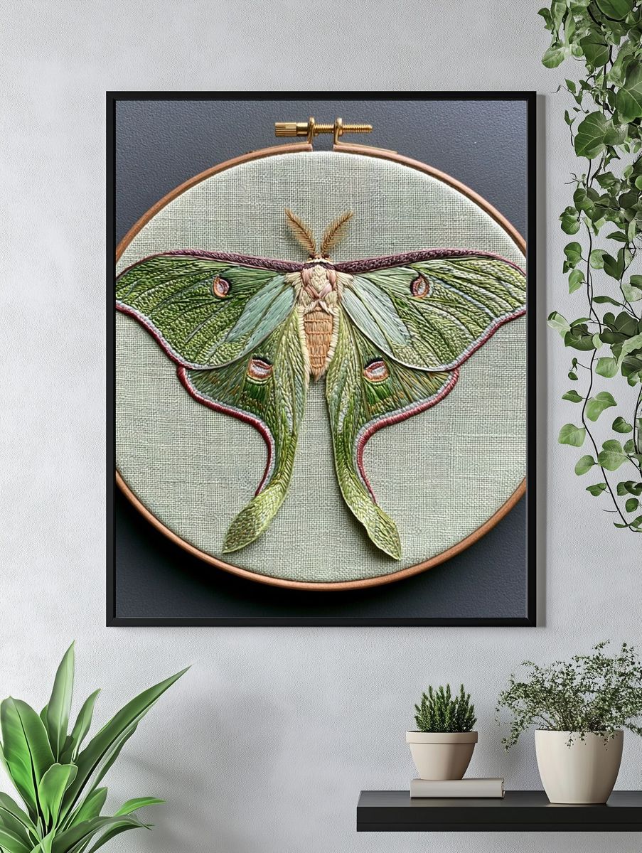 Luna Moth Embroidery Illustration Poster. — room view 4