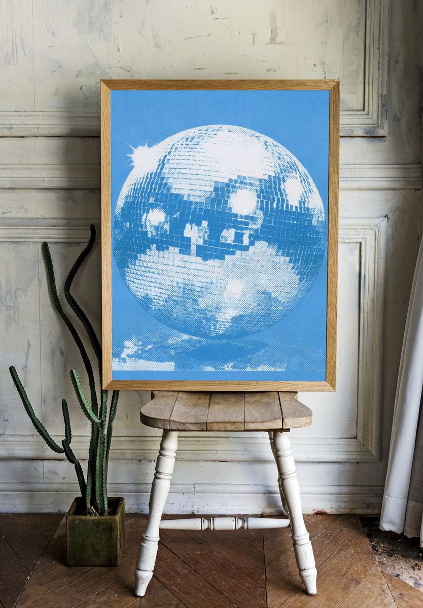 Blue Disco Ball Illustration Poster. room preview