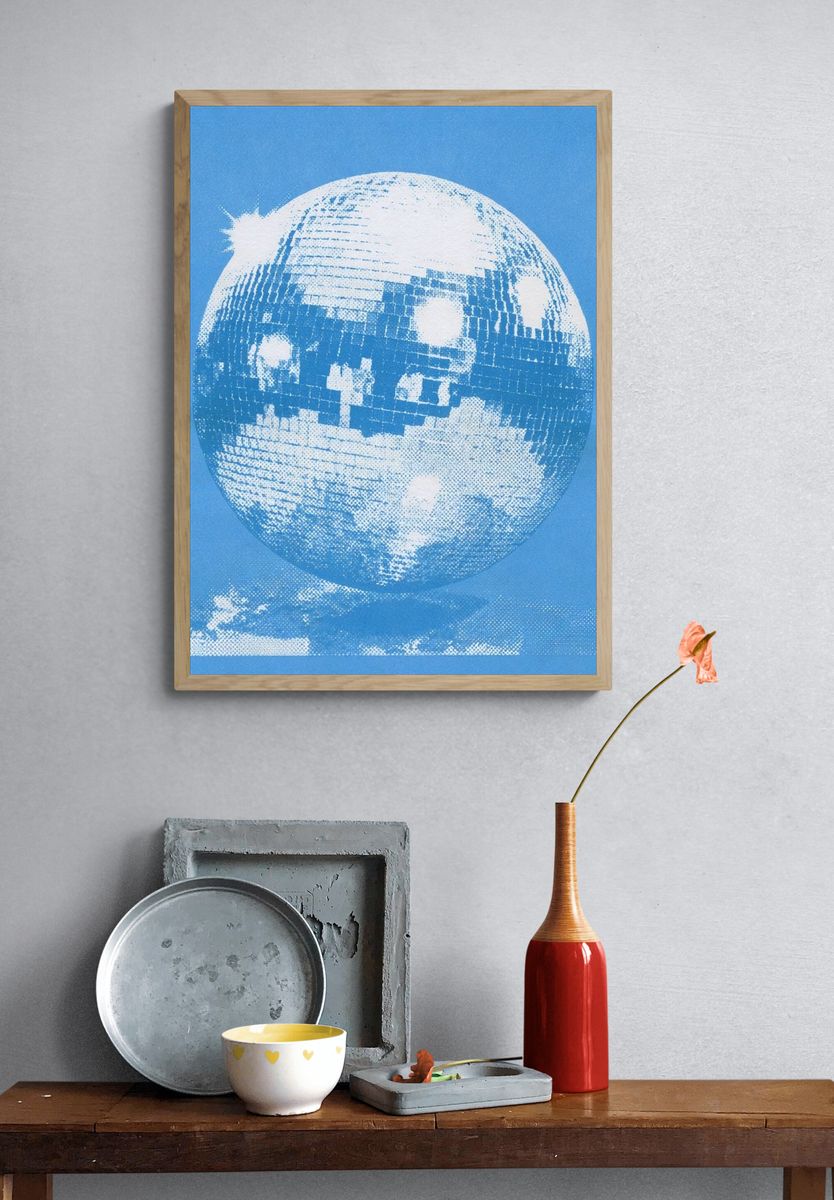 Blue Disco Ball Illustration Poster. — room view 3