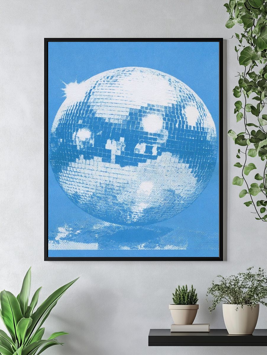 Blue Disco Ball Illustration Poster. — room view 4