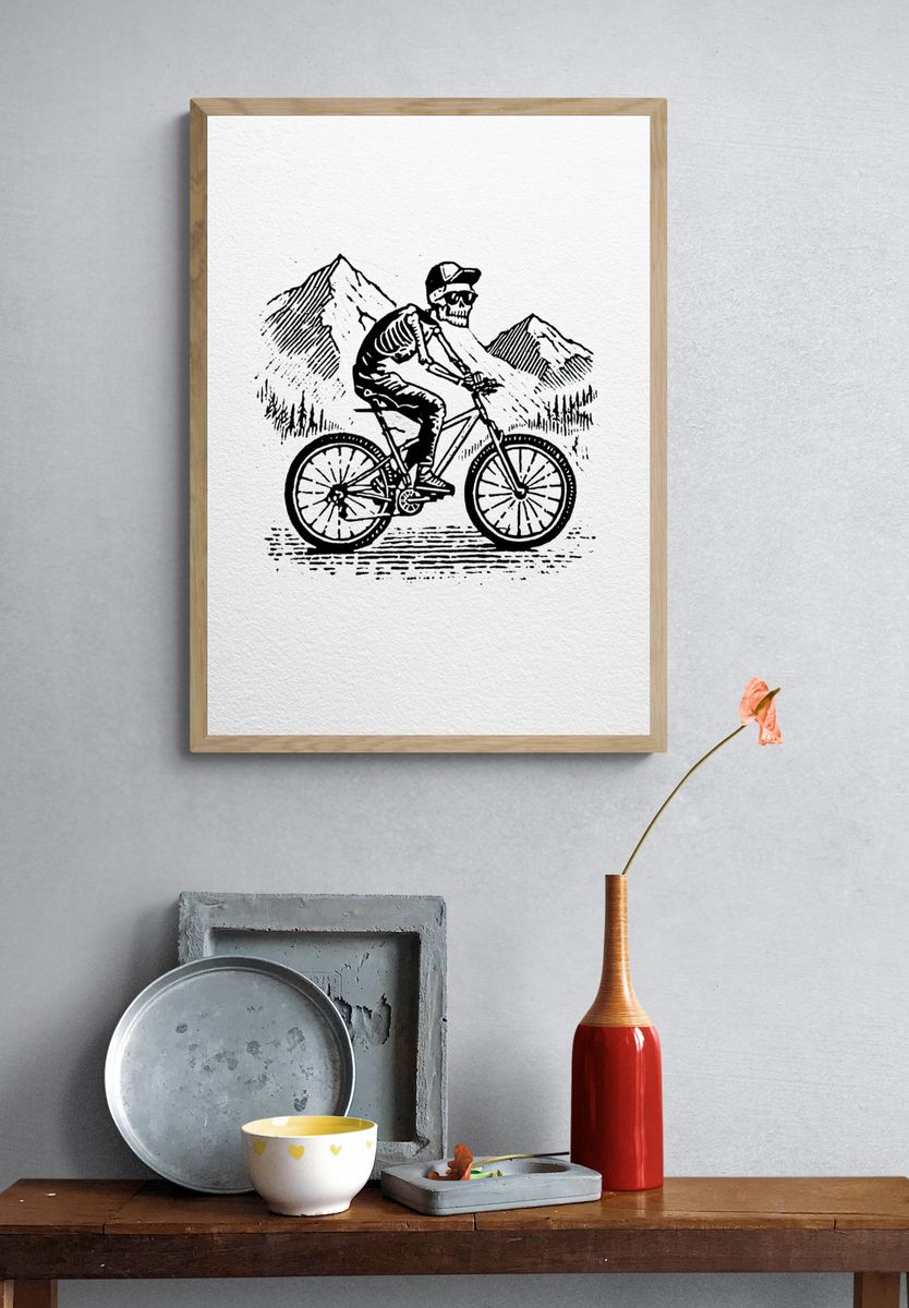 Skeleton Mountain Bike Illustration Poster. — room view 3