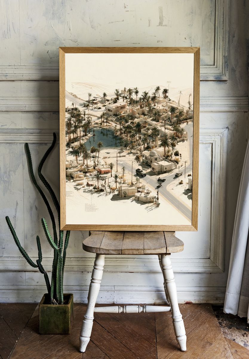 Desert Oasis Village Illustration Poster. — room view 1
