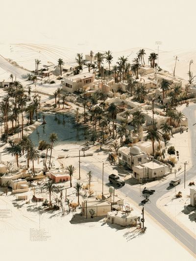 Desert Oasis Village Illustration Poster. poster