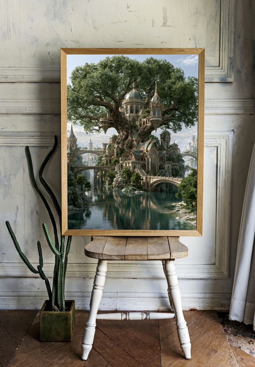 Enchanted Tree City Fantasy Print. — room view 1