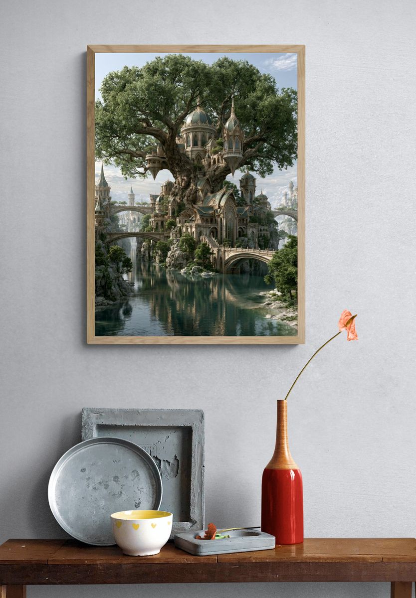 Enchanted Tree City Fantasy Print. — room view 3