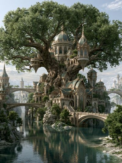 Enchanted Tree City Fantasy Print. poster