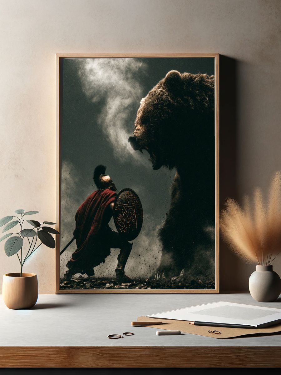 Spartan vs Bear Battle Poster. — room view 2