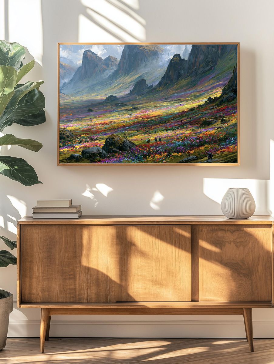 Colorful Mountain Valley Illustration Poster. — room view 3