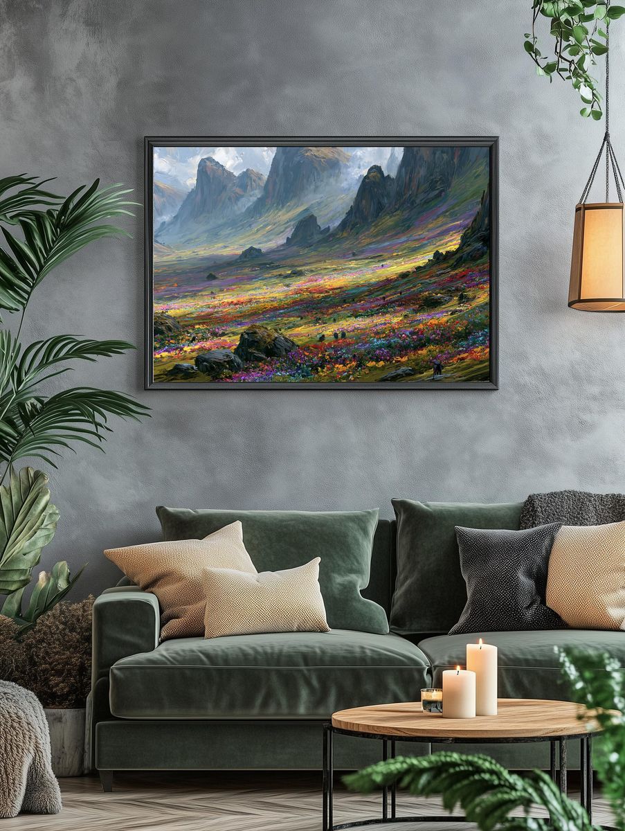 Colorful Mountain Valley Illustration Poster. — room view 4