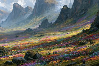 Colorful Mountain Valley Illustration Poster.