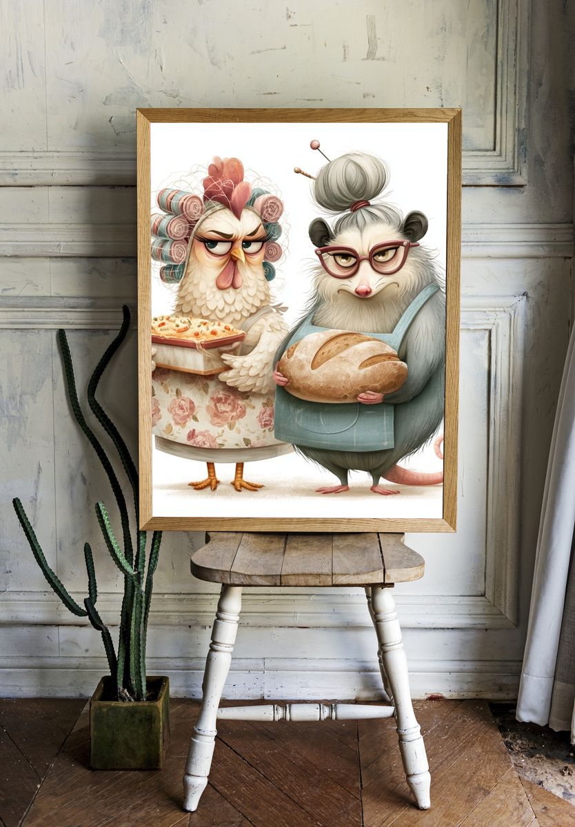 Baker Chick and Possum Illustration Poster. room preview