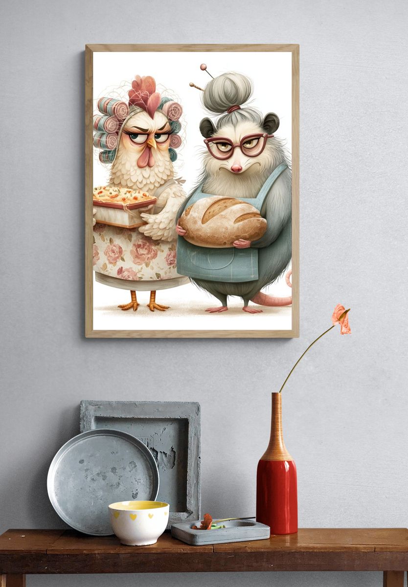 Baker Chick and Possum Illustration Poster. — room view 3