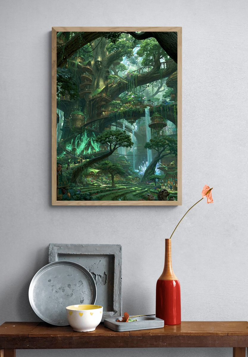 Enchanted Tree City Fantasy Print. — room view 3