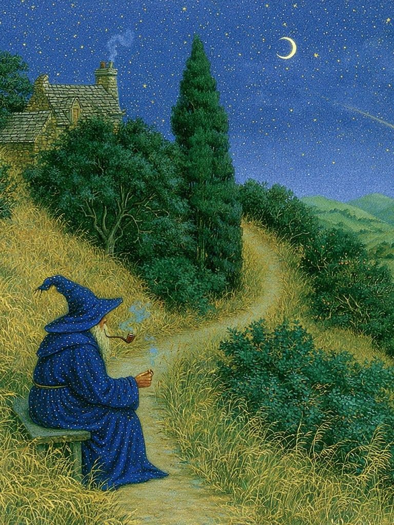Moonlit Wizard Landscape Print. poster — illustration art