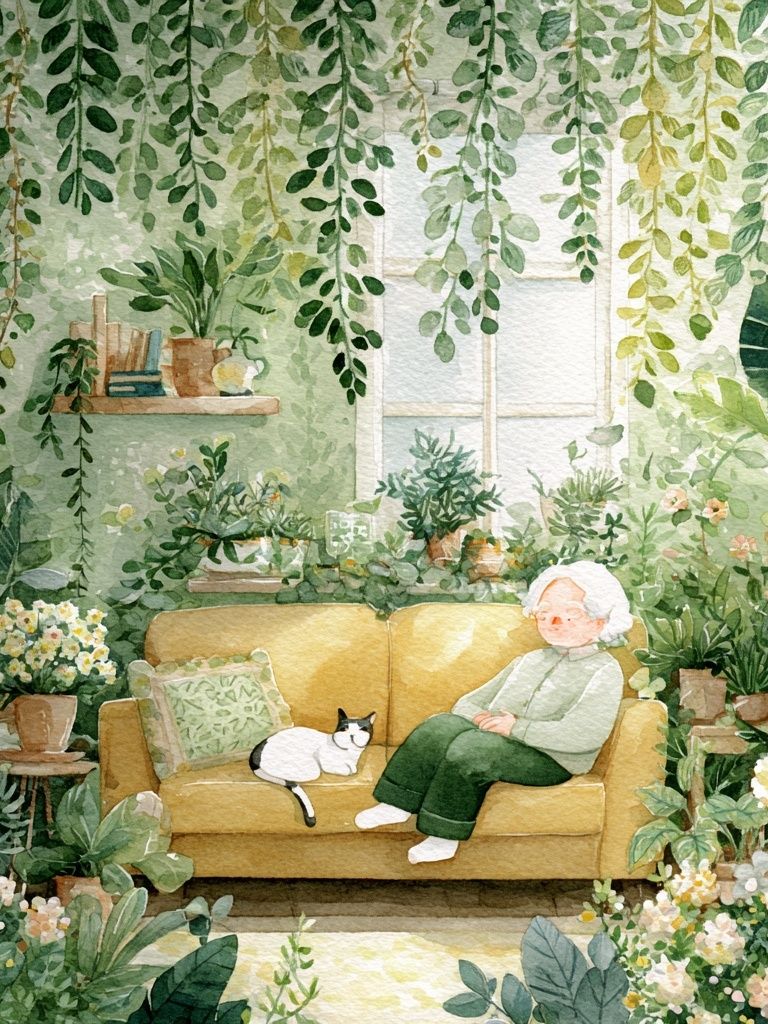 Cozy Greenhouse Reading Nook Illustration Poster. poster detail