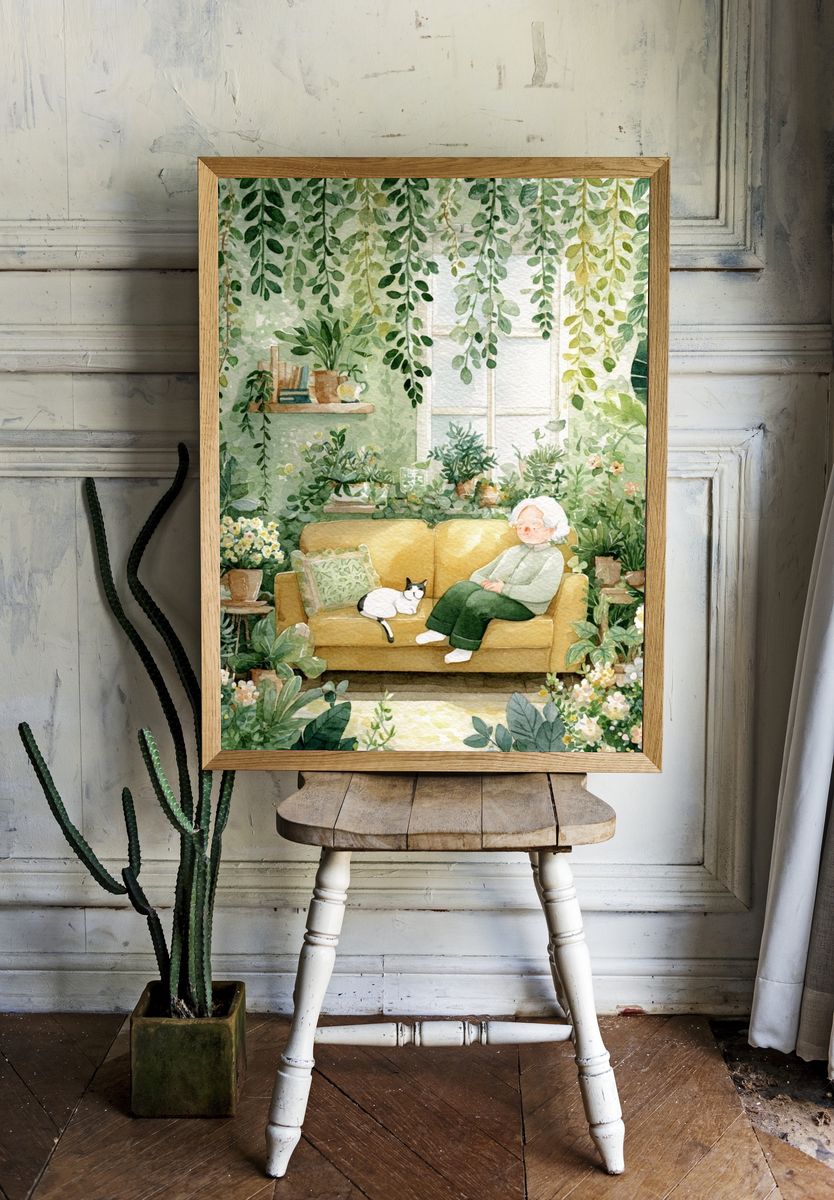 Cozy Greenhouse Reading Nook Illustration Poster. — room view 1