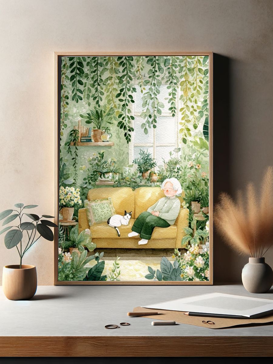Cozy Greenhouse Reading Nook Illustration Poster. — room view 2