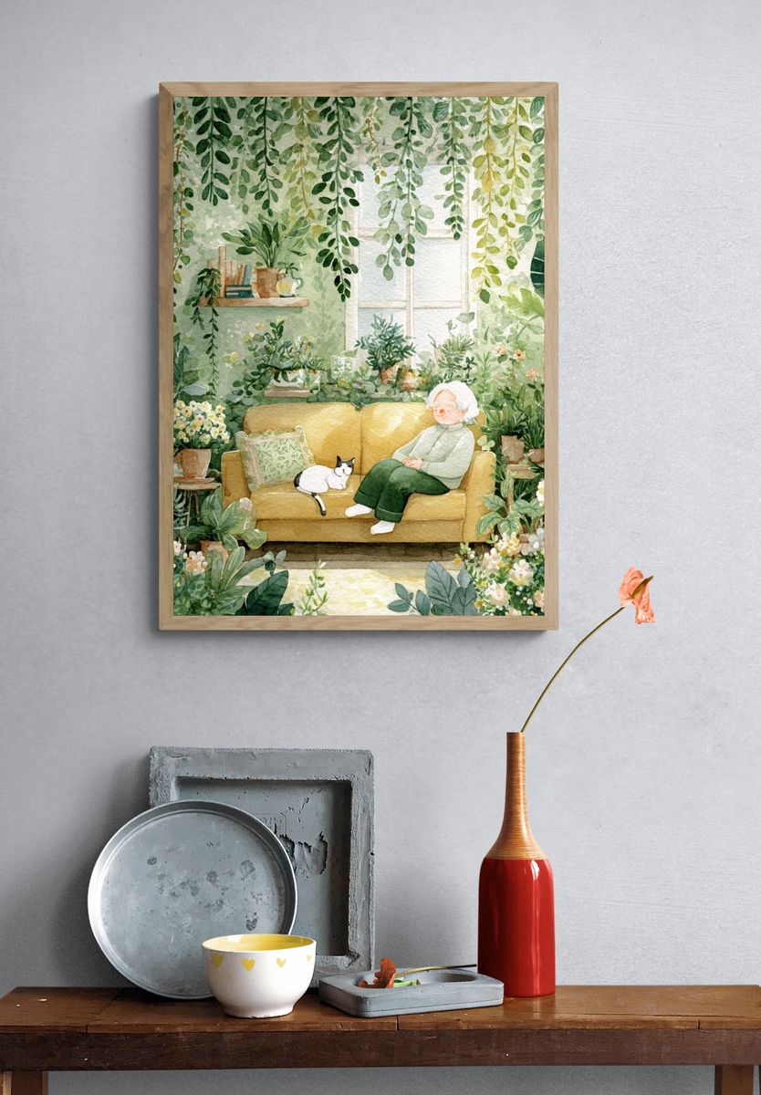 Cozy Greenhouse Reading Nook Illustration Poster. — room view 3